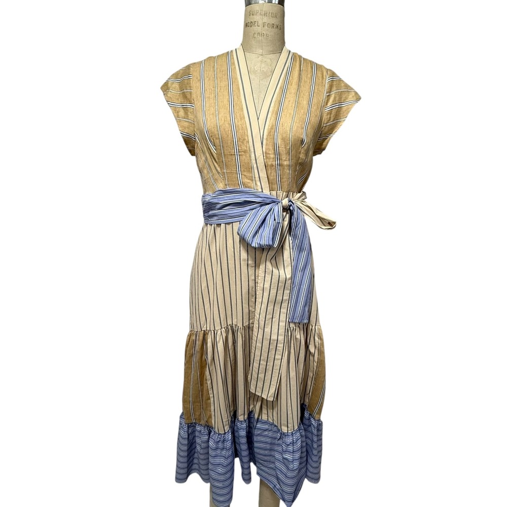 Sandro Paris Striped Midi Dress Size 8 FR40 Rosanda Tan Blue Linen Blend Tiered